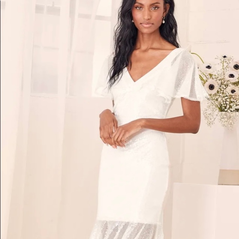 Maximum Sparkle White Sequin Flutter Sleeve Midi … - image 1